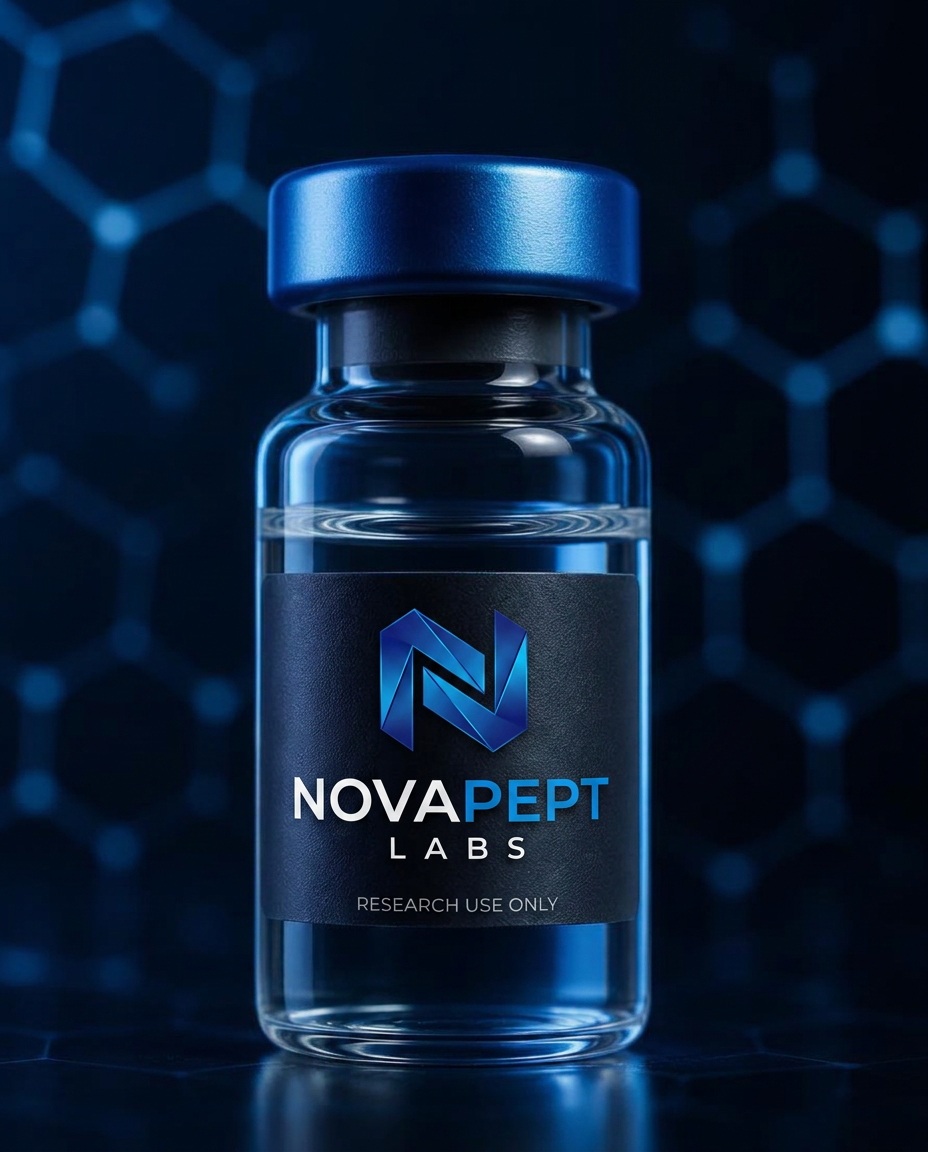 Single research peptide vial on molecular hexagon background